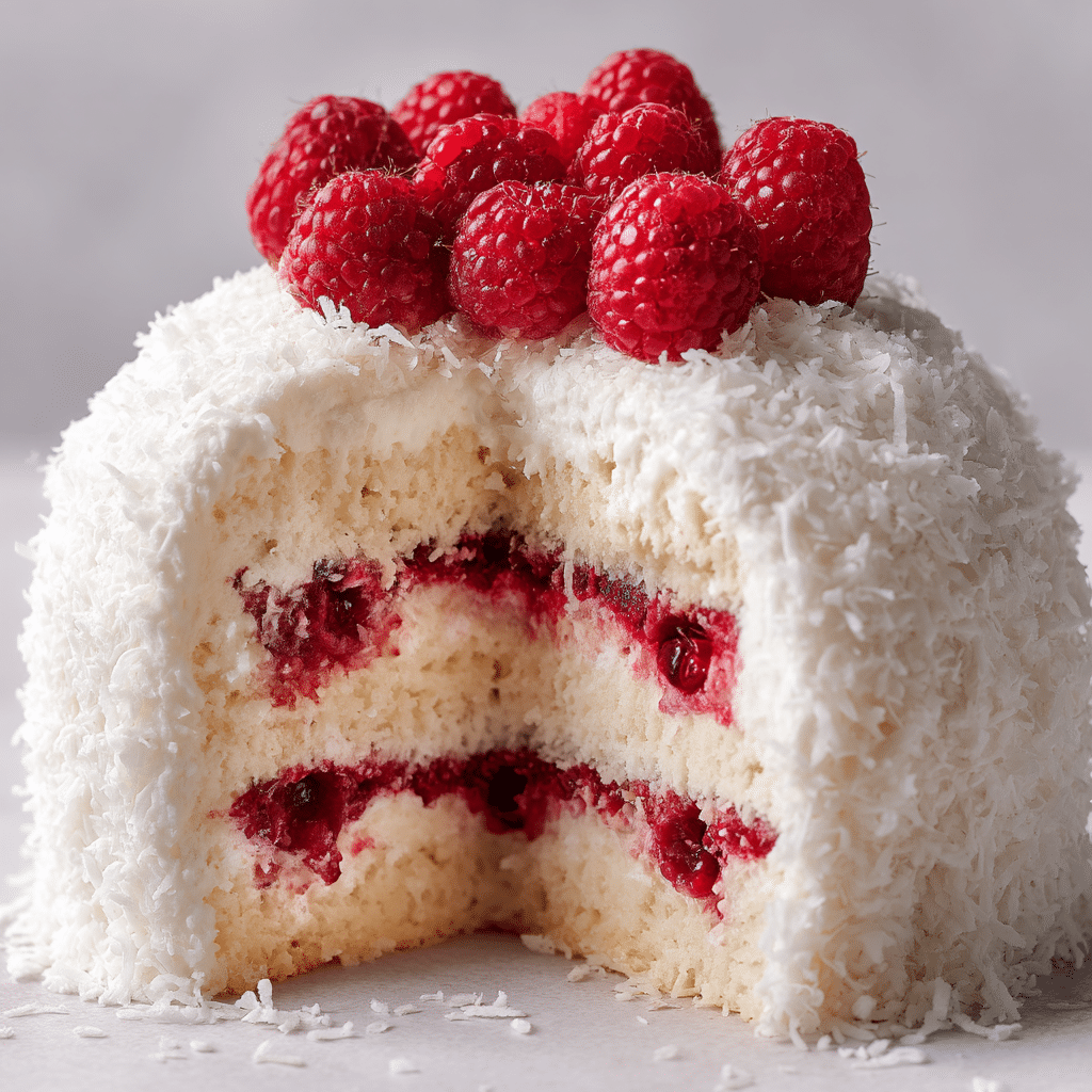 Raspberry Swirl Coconut Snowball Cake