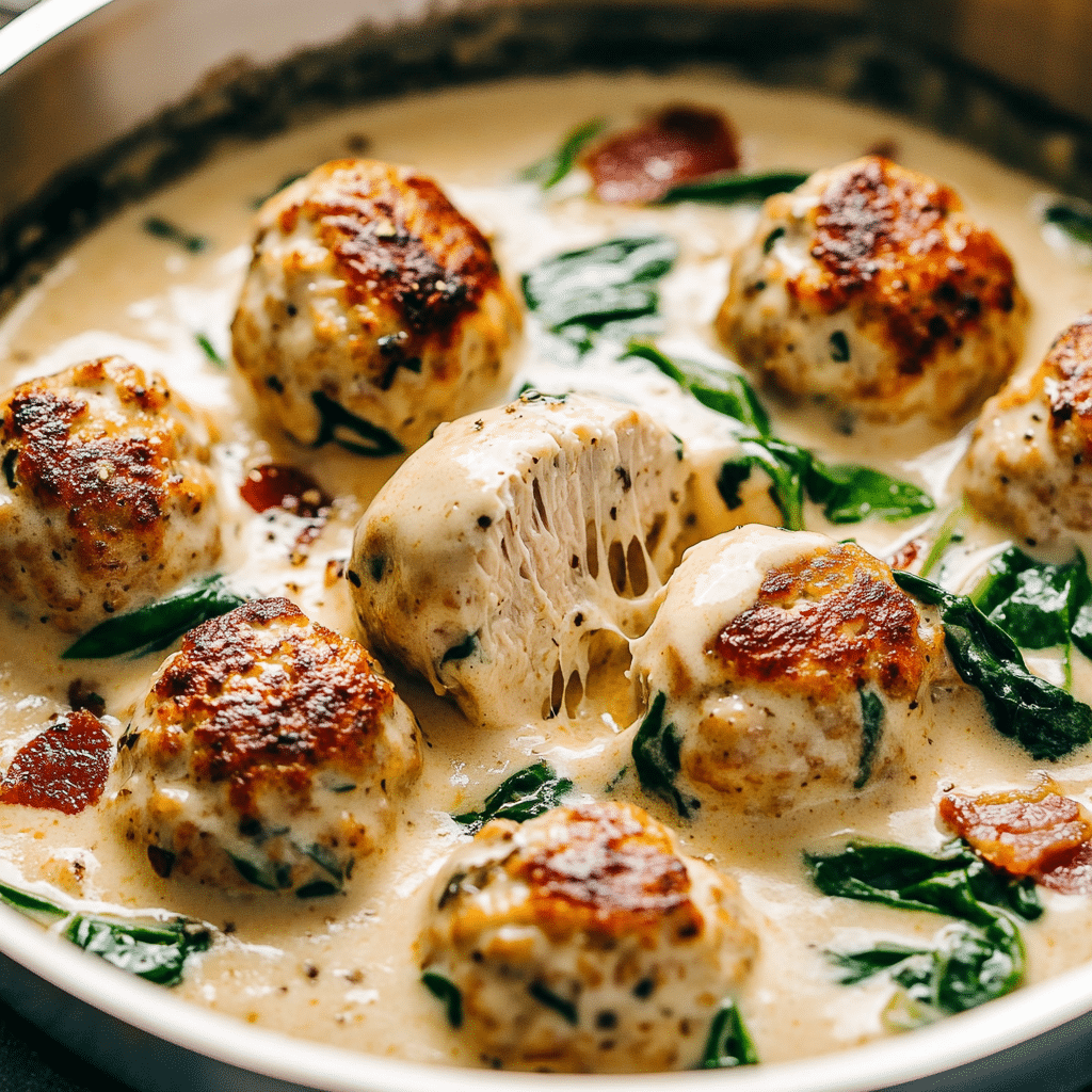 Baked Chicken Ricotta Meatballs with Spinach Alfredo Sauce