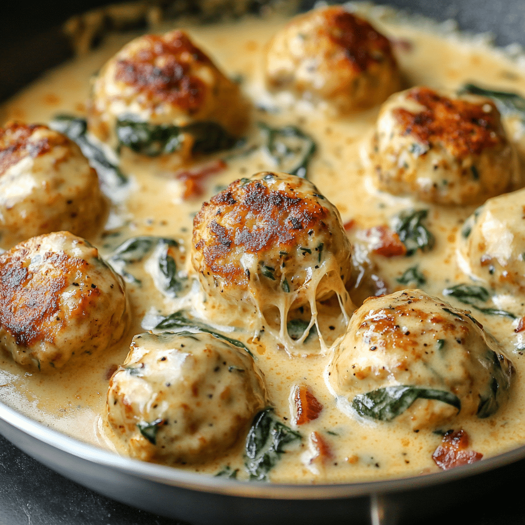 Baked Chicken Ricotta Meatballs with Spinach Alfredo Sauce