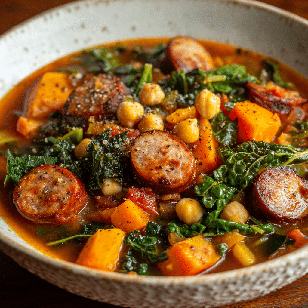 Smokey Sausage, Kale & Sweet Potato Soup