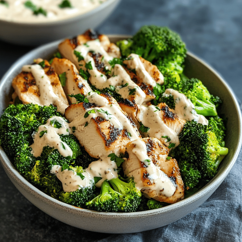 Grilled Chicken & Broccoli Bowls with Creamy Garlic Sauce