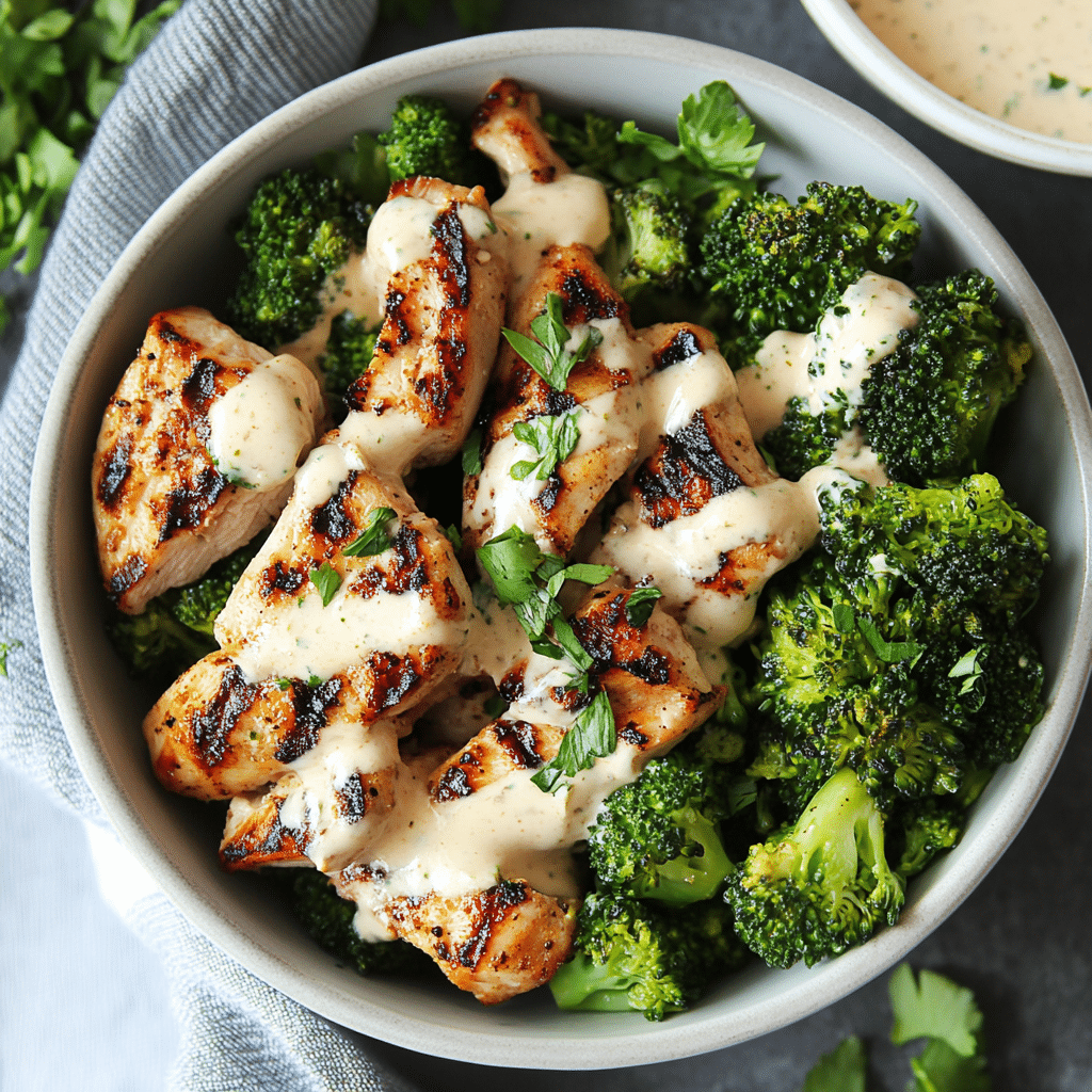 Grilled Chicken & Broccoli Bowls with Creamy Garlic Sauce