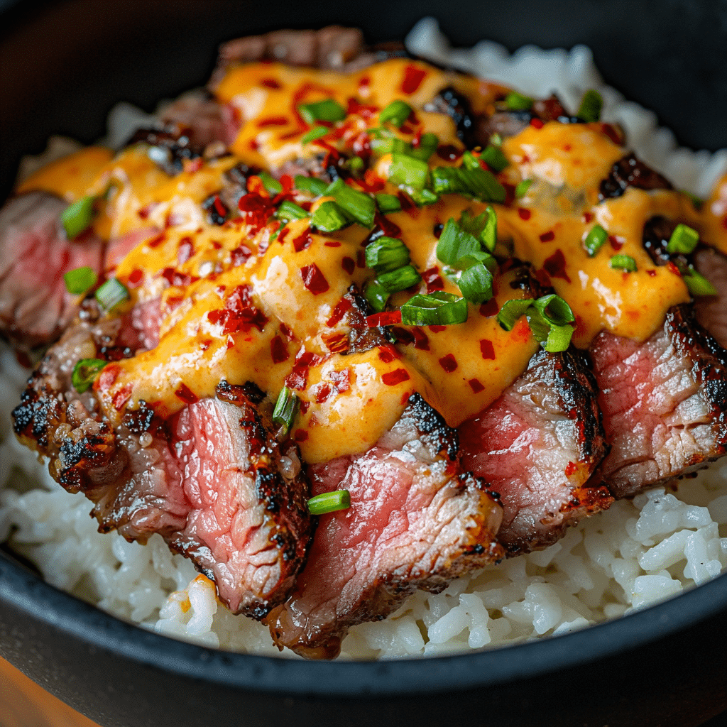 Korean BBQ Steak Rice Bowls with Spicy Cream Sauce