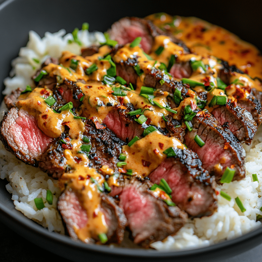 Korean BBQ Steak Rice Bowls with Spicy Cream Sauce