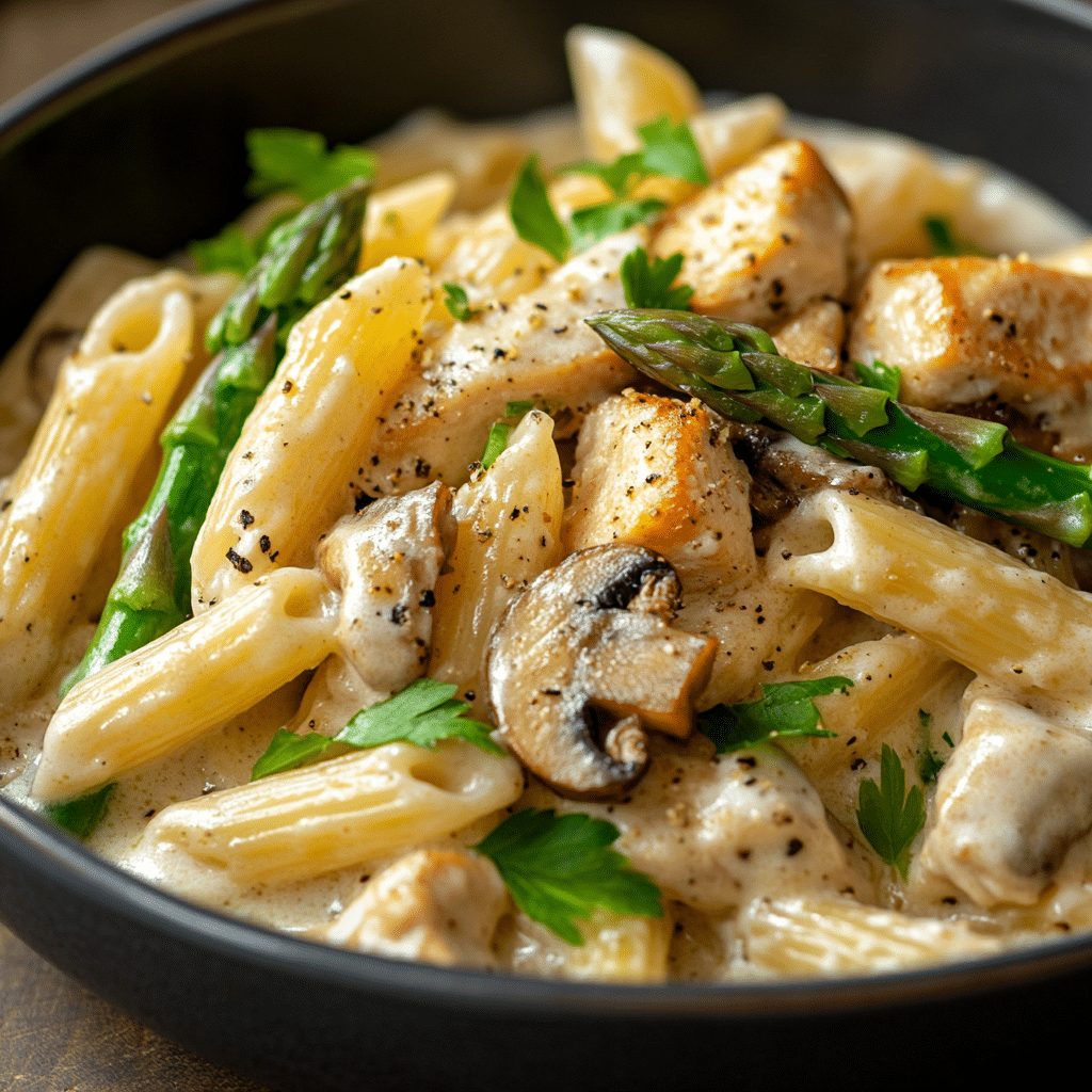 Creamy Mushroom and Asparagus Chicken Penne
