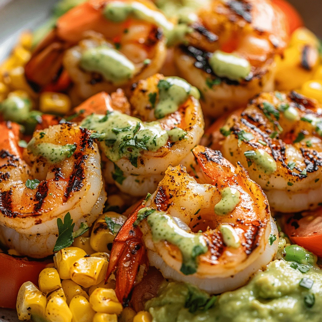 Yummy Grilled Shrimp Bowl with Avocado Corn Salsa and Creamy Sauce