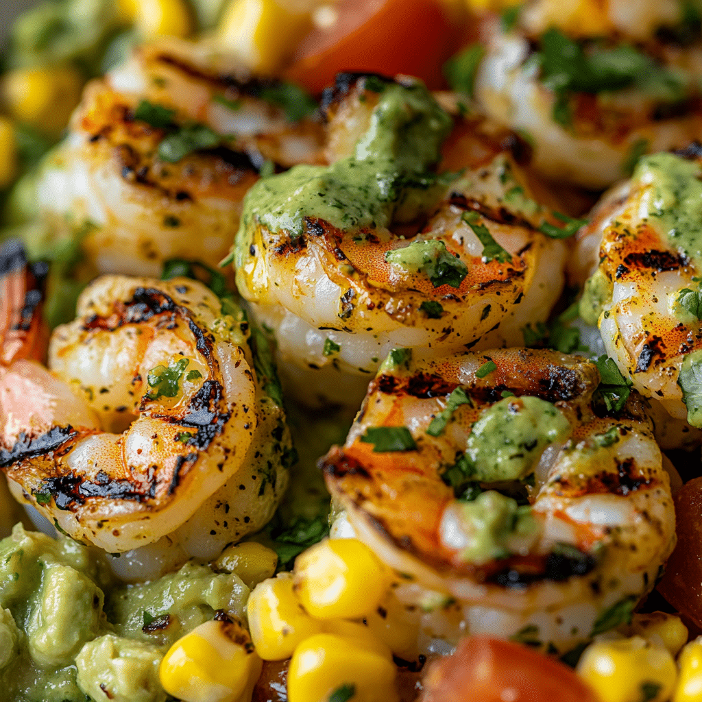 Yummy Grilled Shrimp Bowl with Avocado Corn Salsa and Creamy Sauce