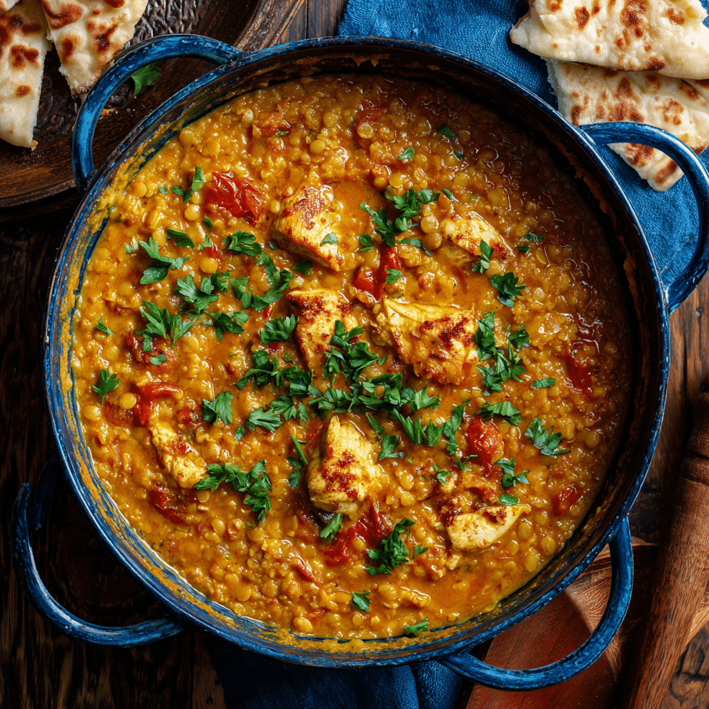 One Pan Chicken, Red Lentils, and Coconut Curry