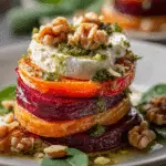 Sweet Potato & Beet Stacks with Pesto, Burrata & Walnuts