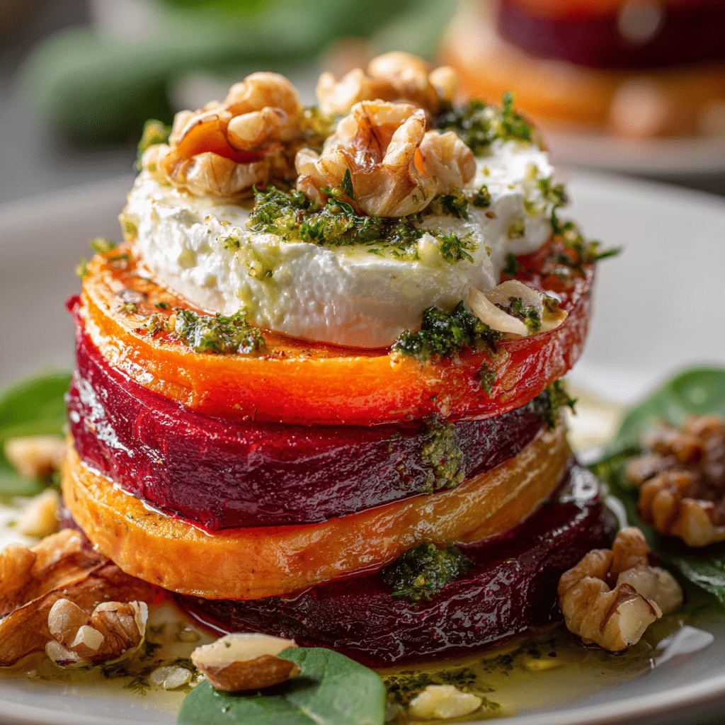 Sweet Potato & Beet Stacks with Pesto, Burrata & Walnuts