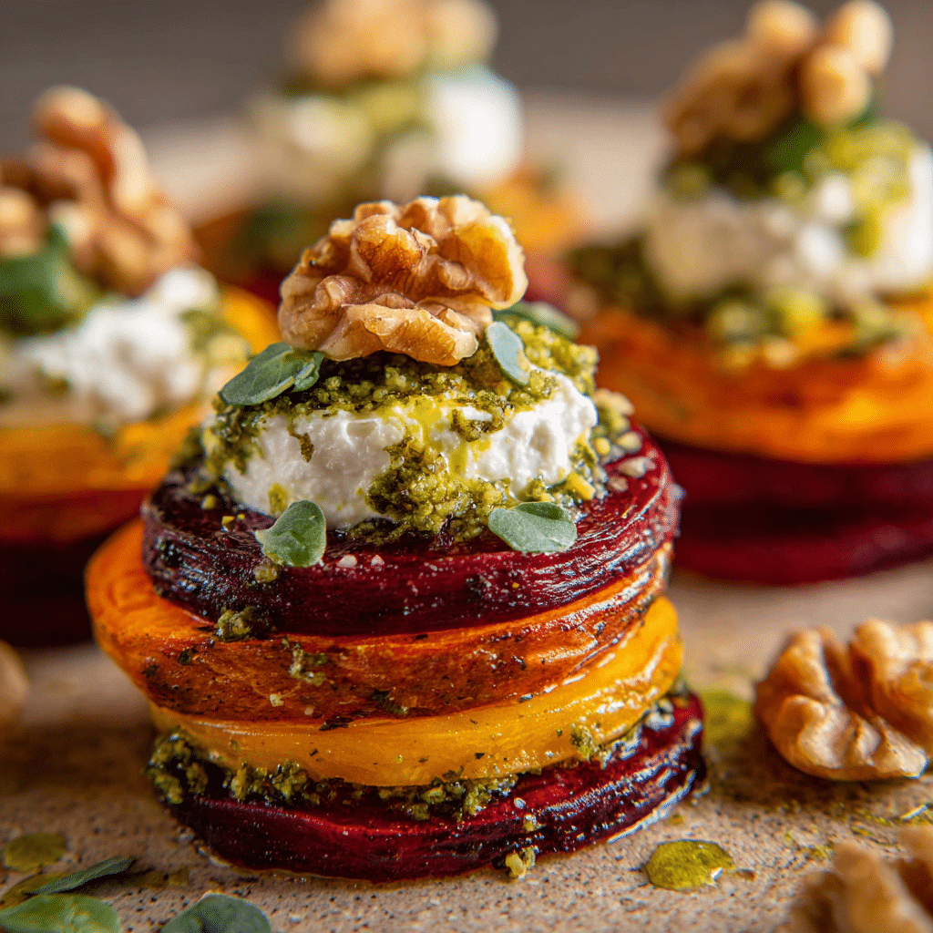 Sweet Potato & Beet Stacks with Pesto, Burrata & Walnuts
