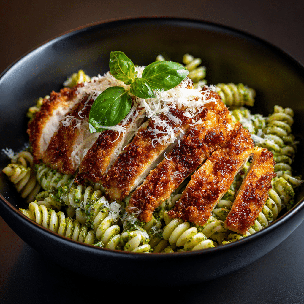 Pesto Pasta with Crispy Parmesan Chicken