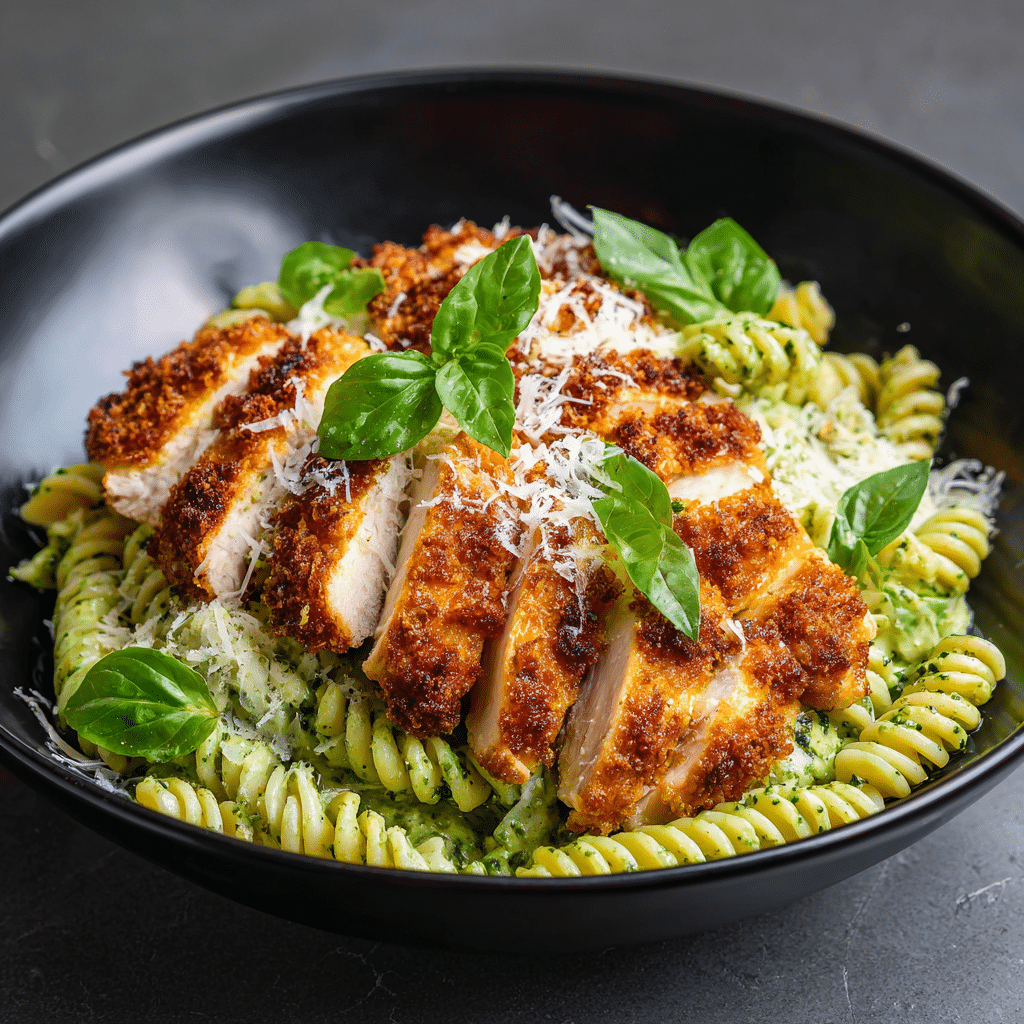 Pesto Pasta with Crispy Parmesan Chicken
