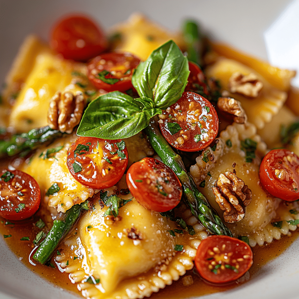 Ravioli With Tomatoes Asparagus Garlic And Herbs