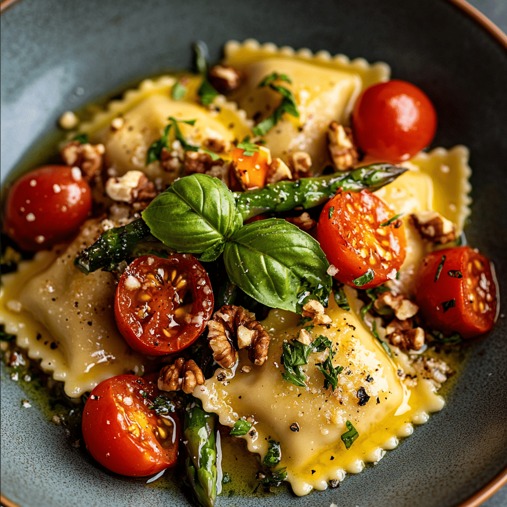 Ravioli With Tomatoes Asparagus Garlic And Herbs