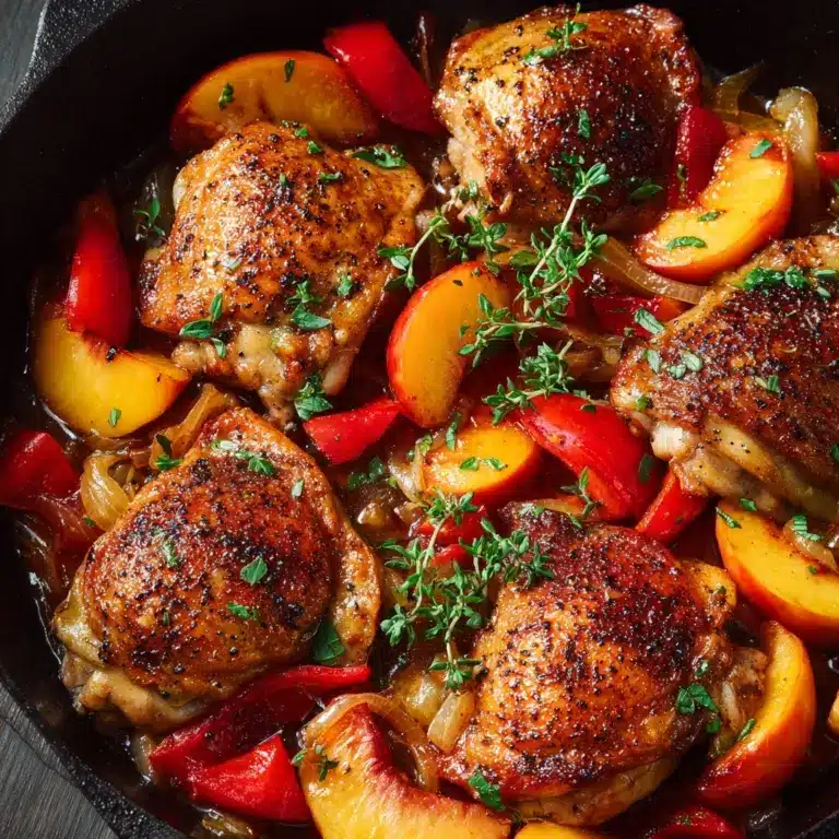 Skillet Roast Chicken with Peaches, Tomatoes, and Red Onion Recipe